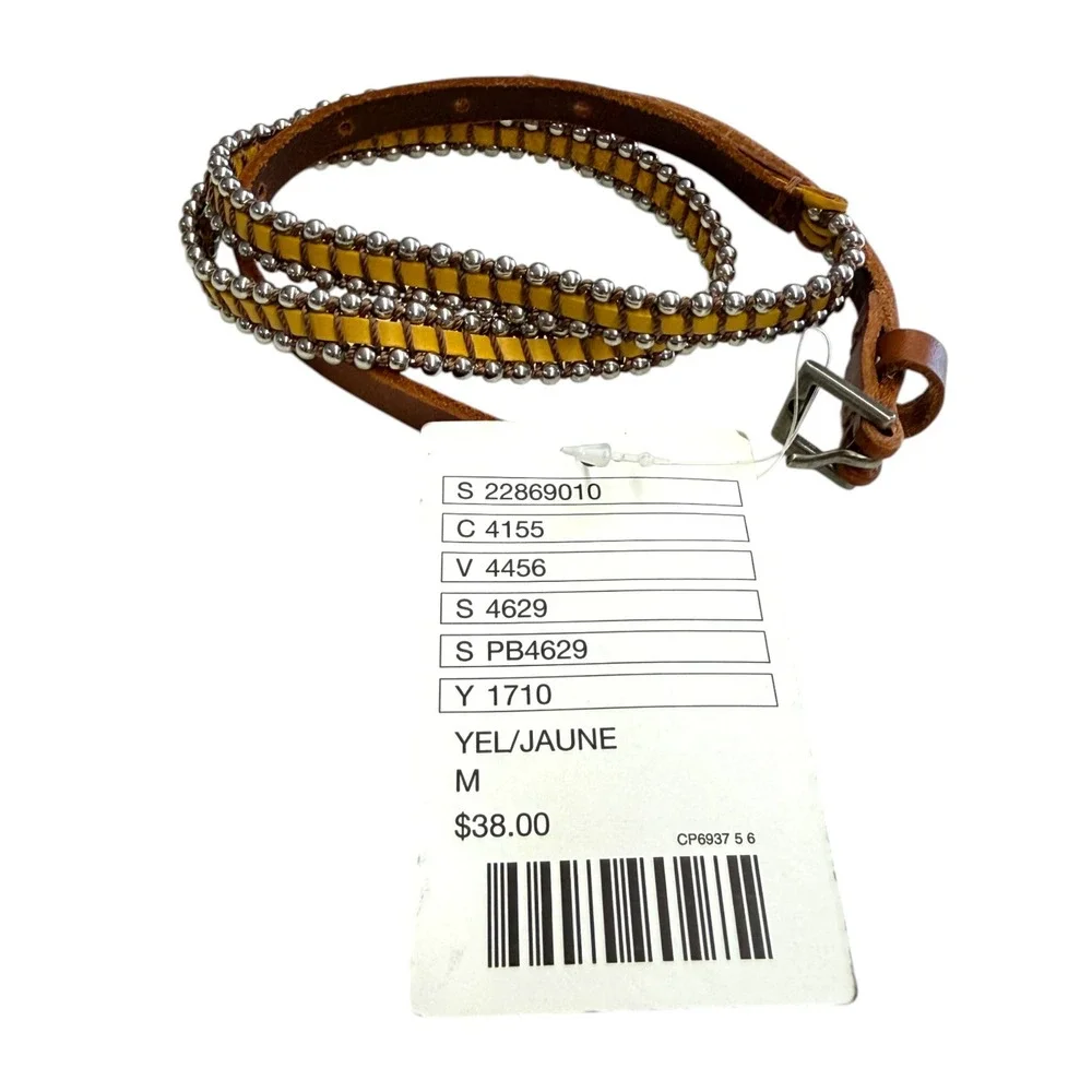 Anthropologie Yellow Leather Studded Skinny Belt Silver Ball Bead Woven Size‎ M